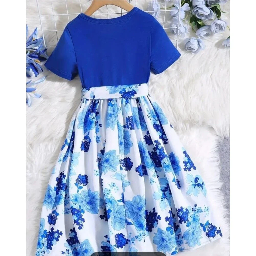 Dress Lovely Blue White Floral Print Crew neck Short Sleeves Bow new